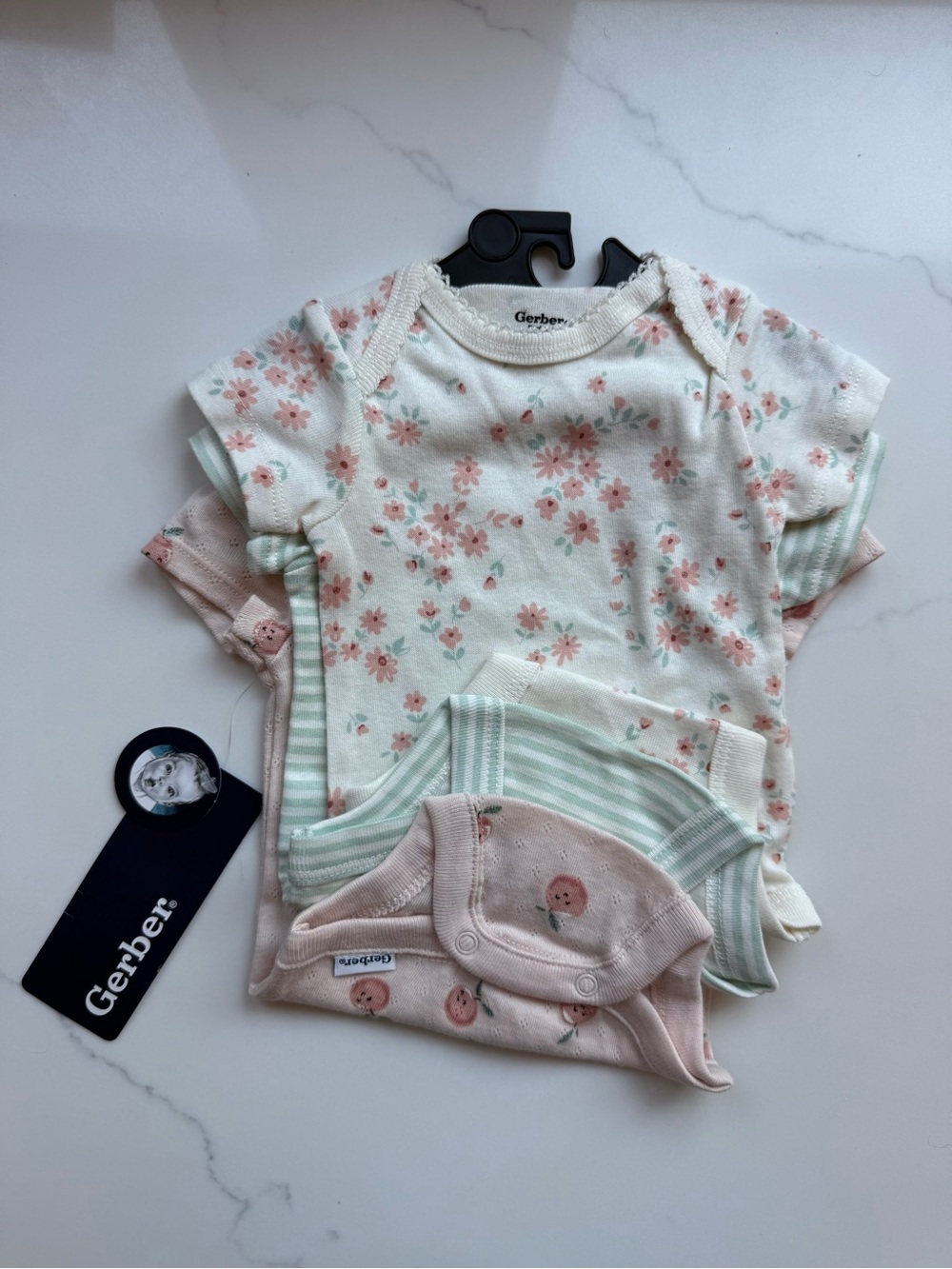 3 pack Pink Floral & Mint Stripe Short-Sleeve Baby onesie Set